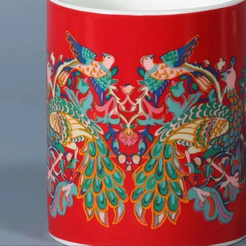 2 WILLIAM MORRIS Coffee Mugs Peacock Floral Cups Red Green Pink Bird Ornate